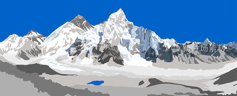 从Kala Patthar峰看到的尼泊尔一侧的珠穆朗玛峰和Nuptse，矢量插图